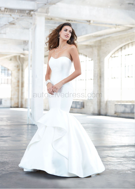 Strapless Ivory Satin Ruffle Wedding Dress With Decorated Buttons
